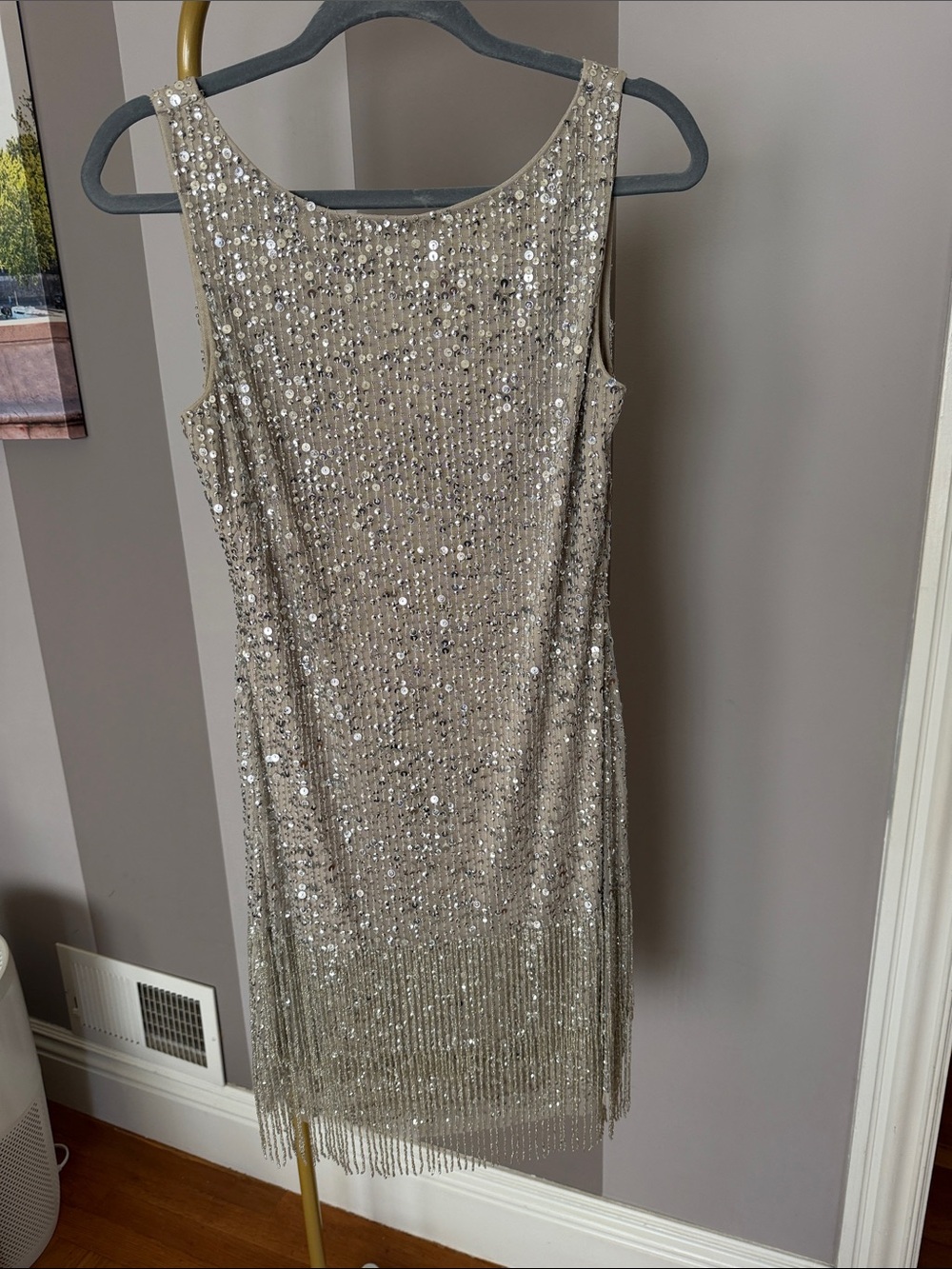 Adrianna Papell Champagne Sequin Fringe Sleeveless Dress